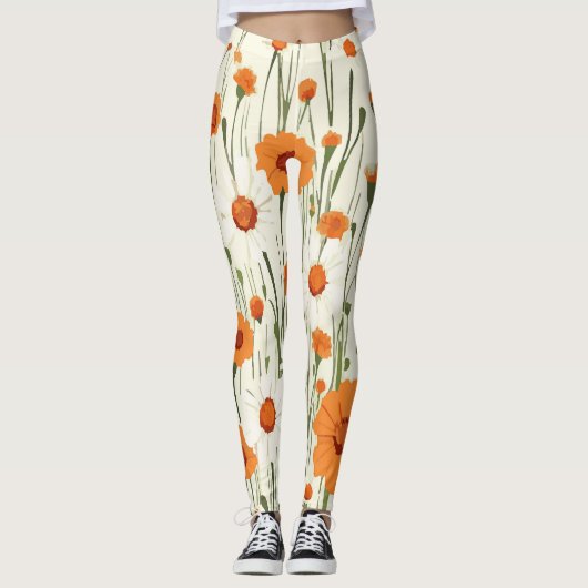 Helder Oranje bloemmotief Leggings (Voorkant)