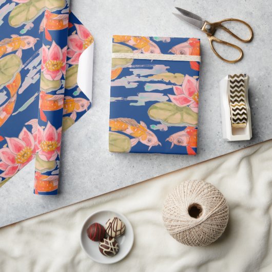 Helder Oranje Koi visroze donkerblauw Cadeaupapier (Crafts)