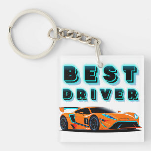 Helder oranje raceauto met neonaccenten sleutelhanger