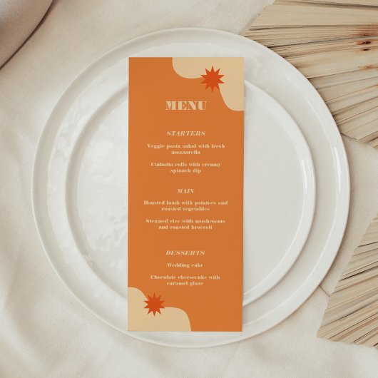 Helder Oranje Retro Zomer Bruiloft Menu