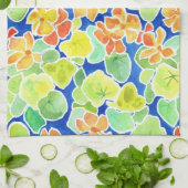 Helder Oranje, rood, geel Nasturtium op blauw Theedoek (Gevouwen)