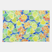 Helder Oranje, rood, geel Nasturtium op blauw Theedoek (Horizontaal)