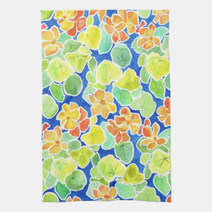 Helder Oranje, rood, geel Nasturtium op blauw Theedoek