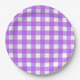 Helder paarse gingham papieren bordje