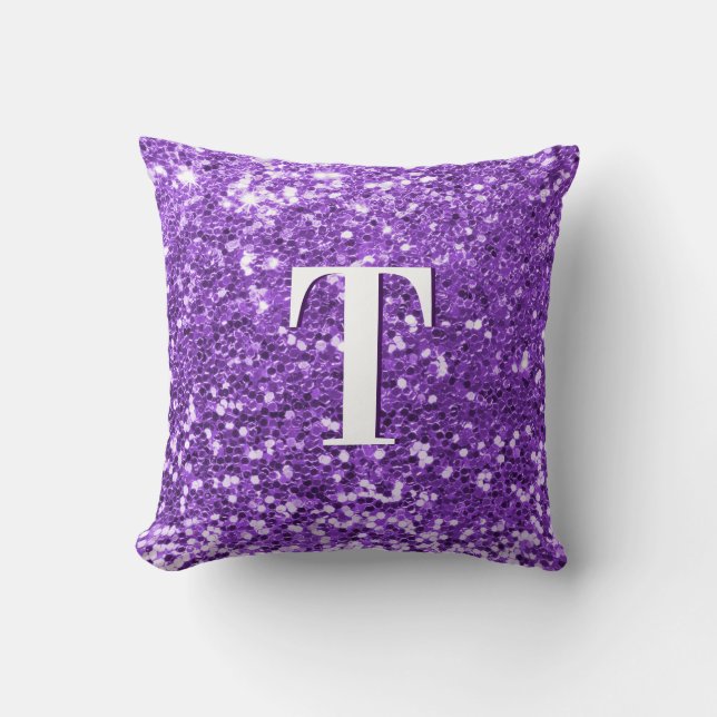 Helder Paarse Klomp Glitter Monogram Kussen (Voorkant)