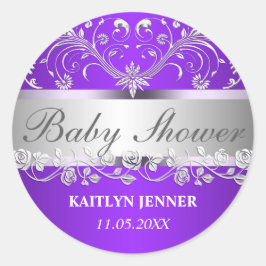 Helder Paarse zilveren bloemenachtig Baby shower Ronde Sticker
