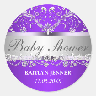 Helder Paarse zilveren bloemenachtig Baby shower Ronde Sticker