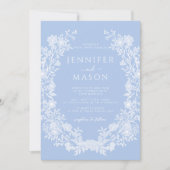 Helder pastelblauwe bloemenkrans klassieke bruilof kaart (Voorkant)