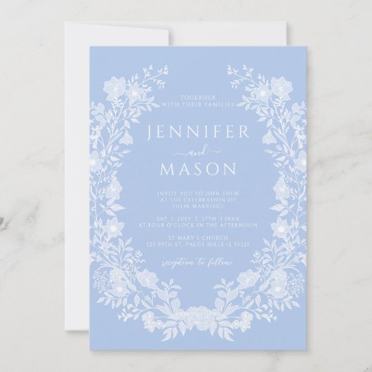 Helder pastelblauwe bloemenkrans klassieke bruilof kaart (Voorkant)
