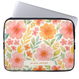 Helder patroon roze oranje aquarel bloemmotief laptop sleeve