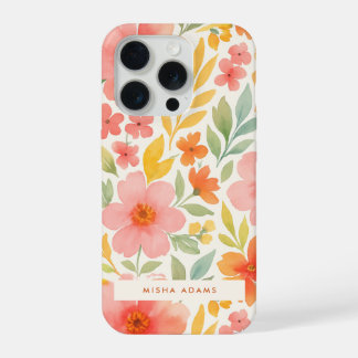 Helder patroon roze oranje waterverf bloemmotief iPhone 15 pro case