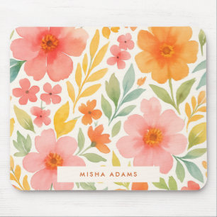Helder patroon roze oranje waterverf bloemmotief muismat
