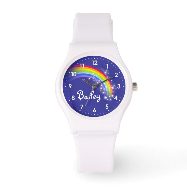 Helder regenboog blauw naam polshorloge horloge (Voorkant)