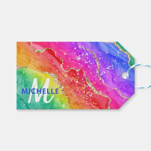 Helder Regenboog & Goud Nep Glitter Agate Monogram Cadeaulabel (Voorkant (Horizontaal))