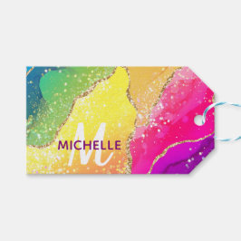 Helder regenboog & gouden namaak glitters agaat mo cadeaulabel