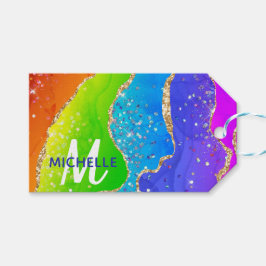 Helder regenboog & gouden namaak glitters agaat mo cadeaulabel