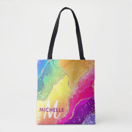 Helder regenboog & gouden namaak glitters agaat mo tote bag