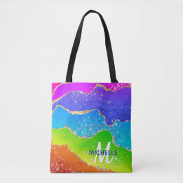 Helder regenboog & gouden namaak glitters agaat mo tote bag