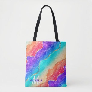 Helder regenboog & gouden namaak glitters agaat mo tote bag