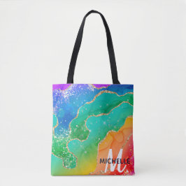 Helder regenboog & gouden namaak glitters agaat mo tote bag