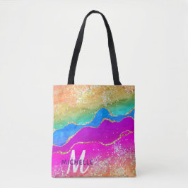 Helder regenboog & gouden namaak glitters agaat mo tote bag