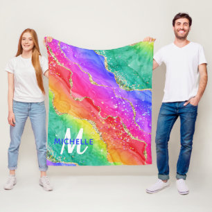 Helder Regenboog & Gouden Nep Glitter Agate Monogr Fleece Deken