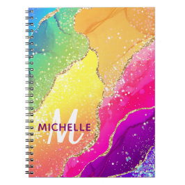 Helder Regenboog & Gouden Nep Glitter Agate Monogr Notitieboek