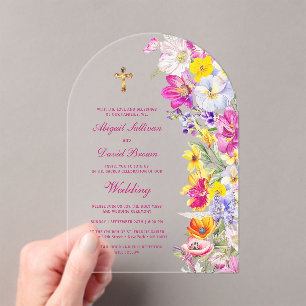 Helder Religieus Huwelijk met Wilde Bloemen Boog Acryl Uitnodigingen