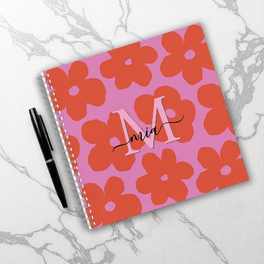 Helder Retro Bloem Motief Monogram Notitieboek