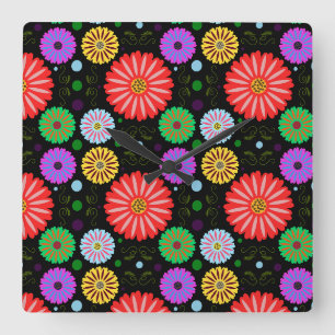 Helder Retro Bloemmotief Kleurrijke Folk Art  Vierkante Klok