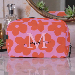 Helder Retro Bloemmotief Roze Oranje Monogram Toilettasje