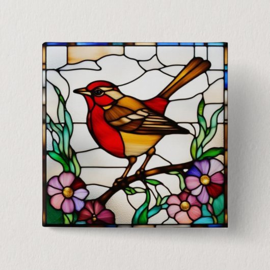 Helder Robin in Gebrandschilderd Glas Vierkante Button 5,1 Cm (Voorkant)