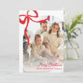 Helder Rode Met de Hand Getekende Lint Boog Foto K Feestdagenkaart (Staand voorkant)