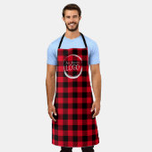 Helder rood Buffalo Plaid Logo Schort (Gedragen)