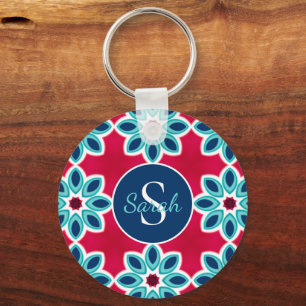 Helder rood en blauw modern geometrisch gepersonal sleutelhanger