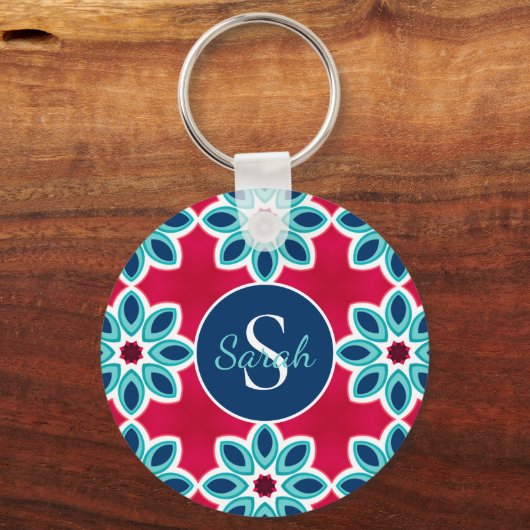 Helder rood en blauw modern geometrisch gepersonal sleutelhanger (Voorkant)