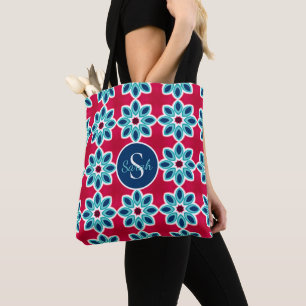 Helder rood en blauw modern geometrisch gepersonal tote bag