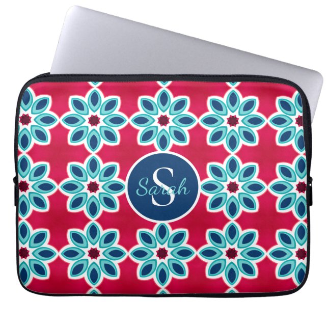 Helder rood en blauw modern geometrisch monogram laptop sleeve (Voorkant)