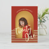 Helder rood en goud foto 21ste verjaardagsfeest kaart (Staand voorkant)
