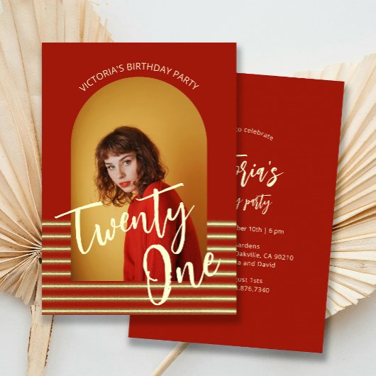 Helder rood en goud foto 21ste verjaardagsfeest kaart