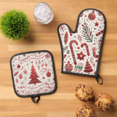 Helder rood en groen kerstpatroon ovenwant & pannenlap set (Top down)