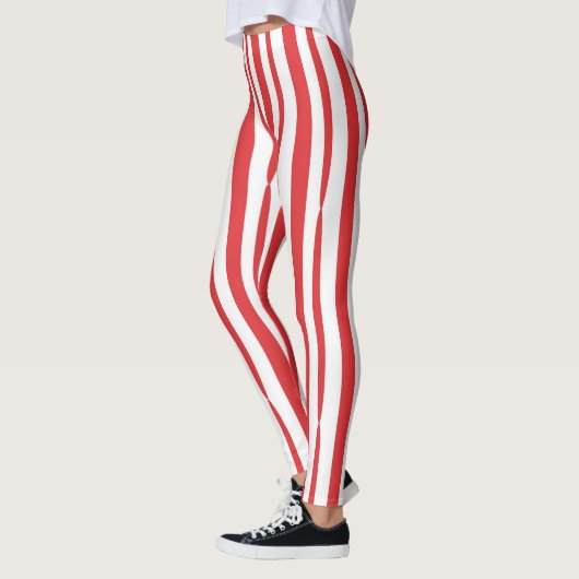 Helder Rood en Wit verticale Streep Leggings (Links)