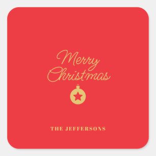Helder rood & goud kleuren vrolijk kerstfeest vierkante sticker