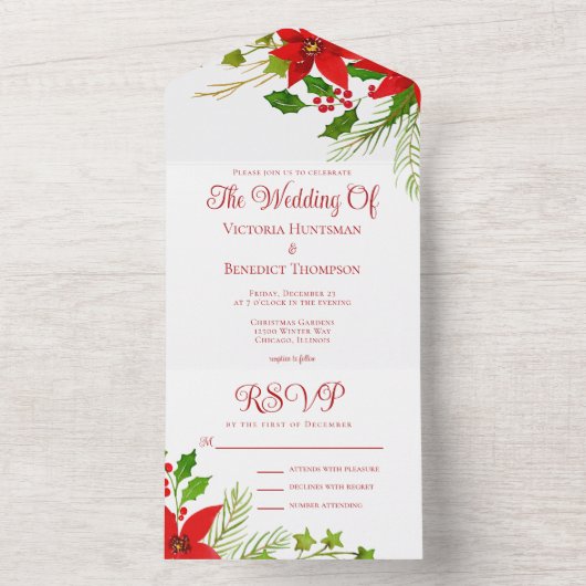 Helder Rood Groen Kerst Poinsettia Huwelijk All In One Uitnodiging (Binnen)