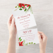 Helder Rood Groen Kerst Poinsettia Huwelijk All In One Uitnodiging (Afscheurbaar)