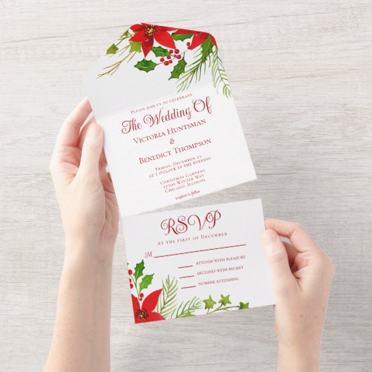 Helder Rood Groen Kerst Poinsettia Huwelijk All In One Uitnodiging (Afscheurbaar)