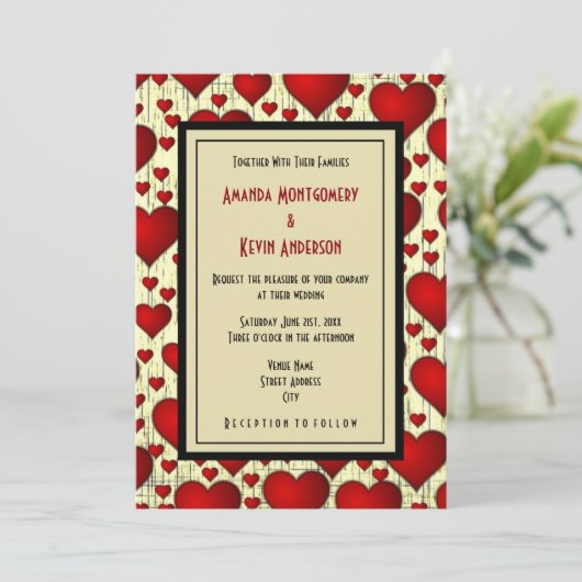 Helder rood romantisch harten patroon bruiloft kaart (Staand voorkant)