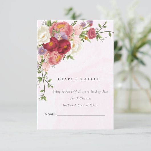 Helder Rood Roze Witte Bloemen Luier Raffle Baby Informatiekaartje (Staand voorkant)