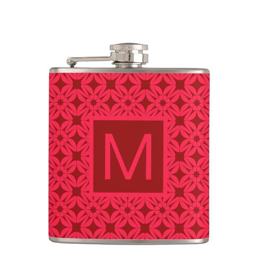 Helder Rood Sierlijk Patroon Met Monogram Heupfles (Voorkant)