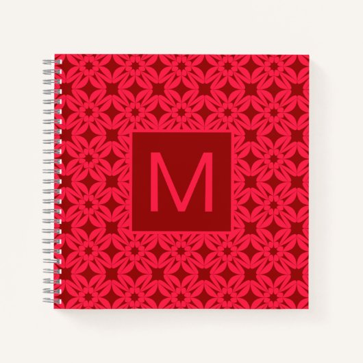 Helder Rood Sierlijk Patroon Met Monogram Notitieboek (Voorkant)